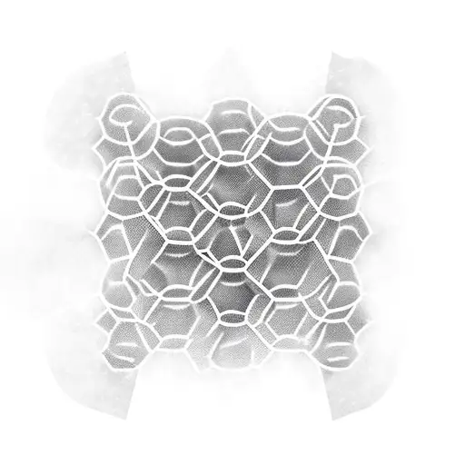 on the shoulder there is a gas mask with an atomic triangle and an applied honeycomb motif. tattoo design idea