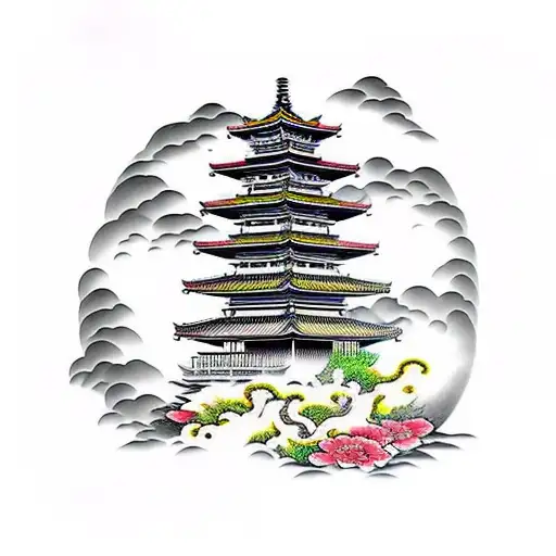 pagoda with clouds tattoo design idea