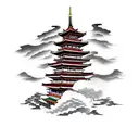 pagoda with clouds tattoo design idea