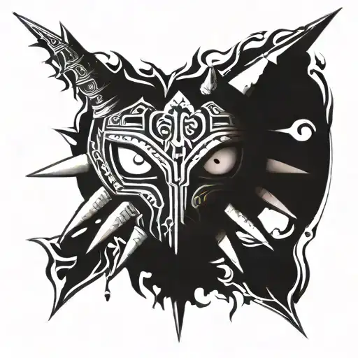 Majora's mask including the best moment of the videogame and hyrule language symbols saying memento mori tattoo design idea