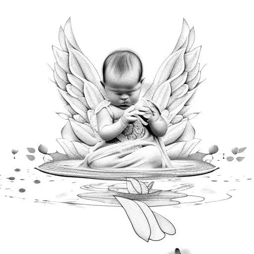 baby Angel sitting in water Lilly praying tattoo design idea