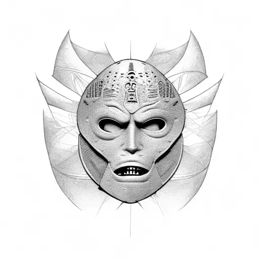 An abstract representation of the tragedy mask on one shoulder and the comedy mask on the other shoulder, using dotwork technique for a unique texture tattoo design idea