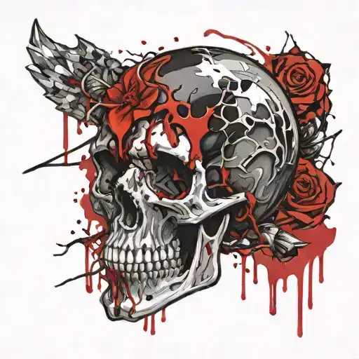 Black Gold Silver Broken decrepit Crystal Skull missing the jaw bone dripping in blood and melting downwards. tattoo design idea