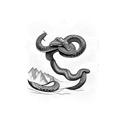 A majestic snake coiled around a mountain peak, symbolizing resilience and triumph over loneliness tattoo design idea
