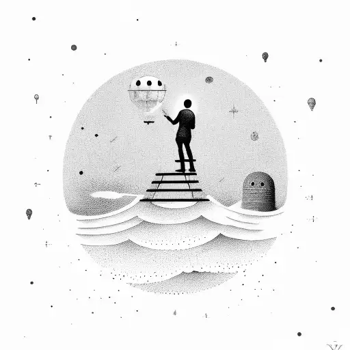 A solitary figure standing on top of a ladder, reaching for the stars amidst a sea of lost friendships, representing personal growth and self-empowerment tattoo design idea