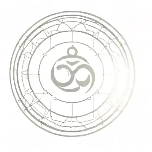 two concentric circles and at the centre an om symbol and the outer circle surrounded by sun rays tattoo design idea