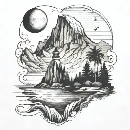 half dome with a river leading to the ocean with waves a lighthouse and palm trees and a crescent moon tattoo design idea
