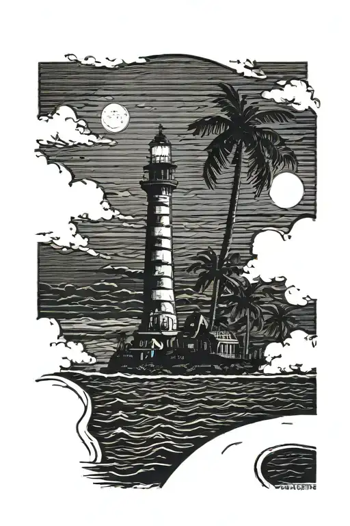 crescent moon over the ocean black sky with palm trees dark in the foreground lighthouse in the background clouds in sky tattoo design idea