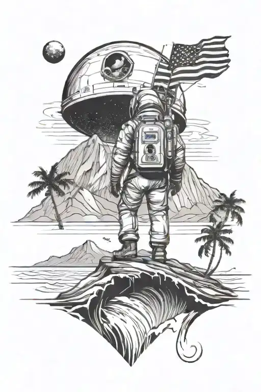 half-dome with an astronaut in space behind it and the beach with waves below it with palm trees tattoo design idea