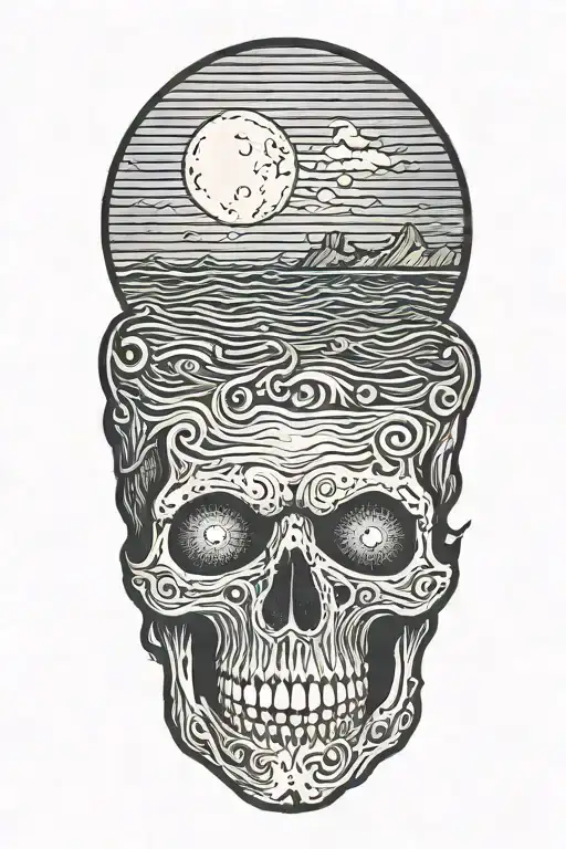 full moon with skull eyes in it over the ocean tattoo design idea