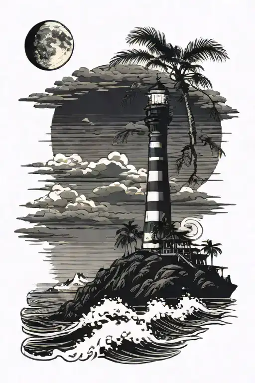 moon setting over the ocean black sky with palm trees dark in the foreground lighthouse in the background clouds in sky tattoo design idea