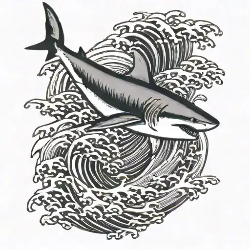 Japanese-style waves with a great white  shark intertwined within tattoo design idea