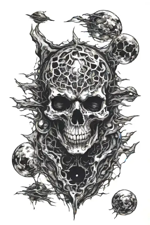 dark skull eyes and nose obscure in the moon's craters tattoo design idea