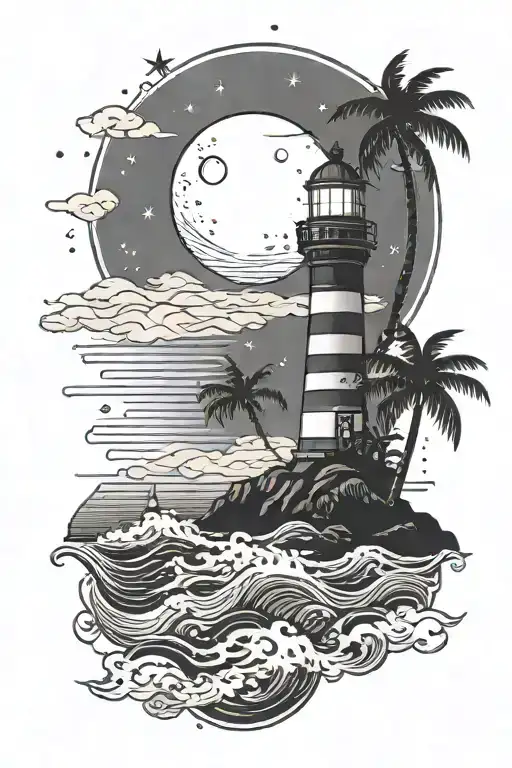 palm trees and waves with a lighthouse shining at night against a dark night sky with a crescent moon and stars shining  tattoo design idea