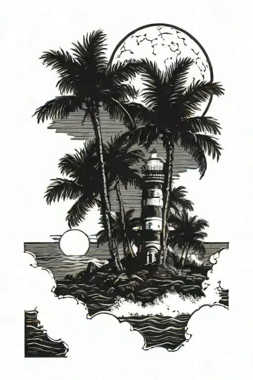 moon setting over the ocean black sky with palm trees dark in the foreground lighthouse in the background clouds in sky tattoo design idea