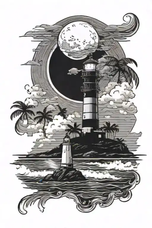 moon setting over the ocean black sky with palm trees dark in the foreground lighthouse in the background clouds in sky tattoo design idea