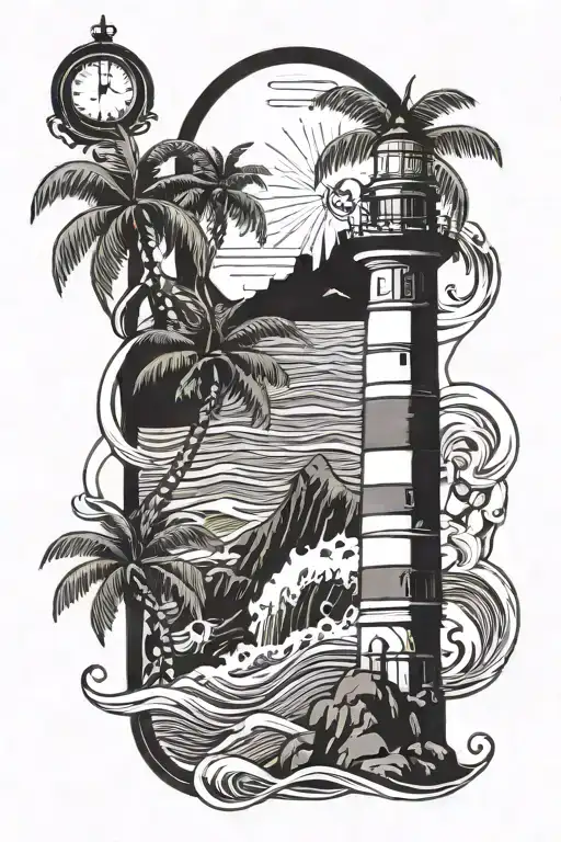 palm trees and waves with a lighthouse shining and space in the background tattoo design idea