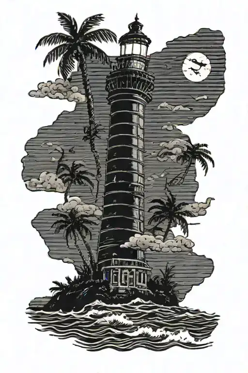 crescent moon over the ocean black sky with palm trees dark in the foreground lighthouse in the background clouds in sky tattoo design idea