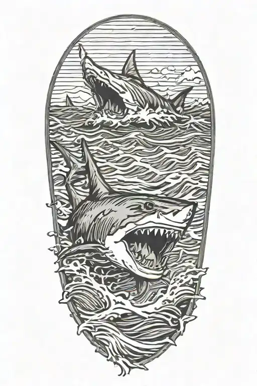 great white shark coming out of the waves mouth open tattoo design idea