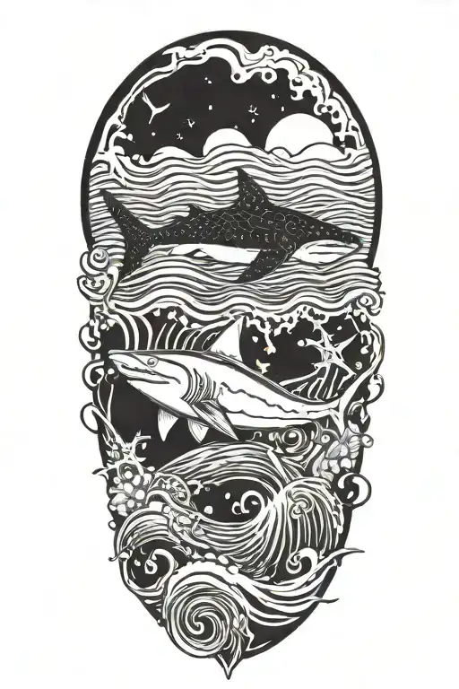 waves and shark starfish and crab tattoo design idea