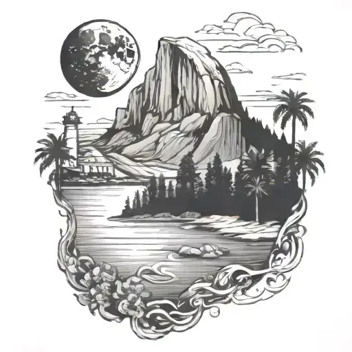 half dome with a river leading to the ocean with waves a lighthouse and palm trees and a south carolina crescent moon tattoo design idea