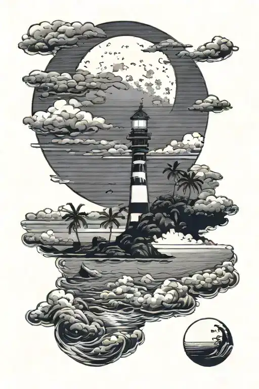 moon setting over the ocean black sky with palm trees dark in the foreground lighthouse in the background clouds in sky tattoo design idea
