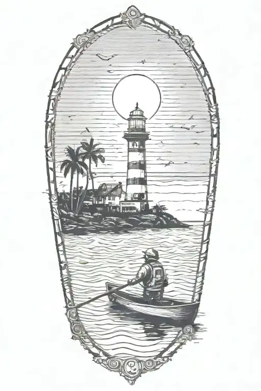 astronaut in a rowboat under a lighthouse at night with a crescent moon and palm trees tattoo design idea