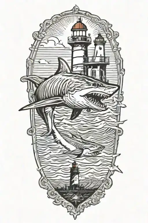 shark with a lighthouse in its mouth tattoo design idea