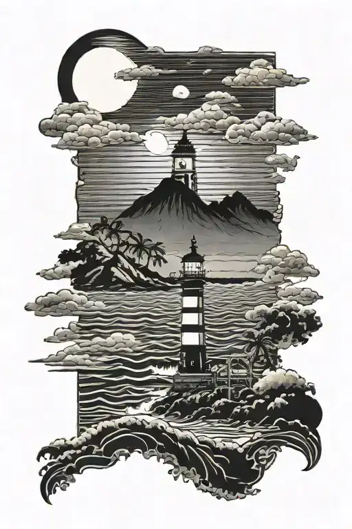 moon setting over the ocean black sky with palm trees dark in the foreground lighthouse in the background clouds in sky tattoo design idea