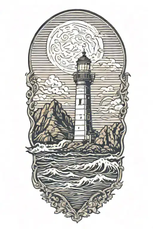 lighthouse at night under a crescent moon with waves crashing on the shore and halfdome in the background with skulls tattoo design idea