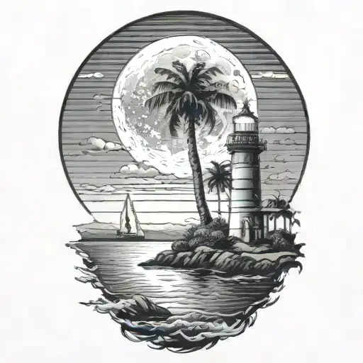 moon setting over the ocean black sky with palm trees dark in the foreground lighthouse in the background clouds in sky tattoo design idea