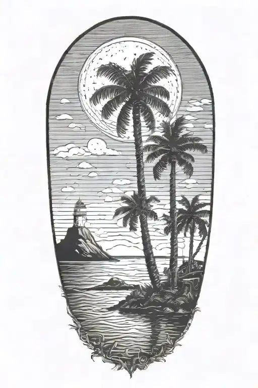 moon setting over the ocean black sky with palm trees dark in the foreground lighthouse in the background clouds in sky tattoo design idea