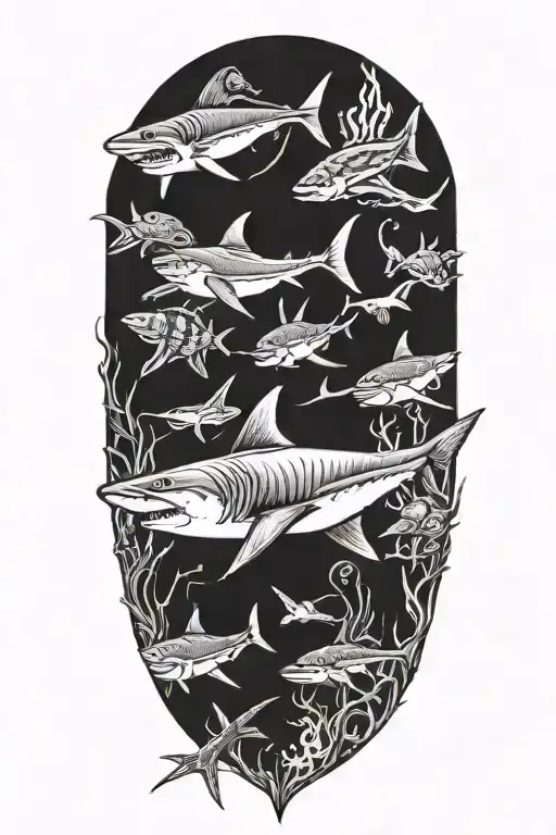shark, starfish, crab and marlin under the sea tattoo design idea