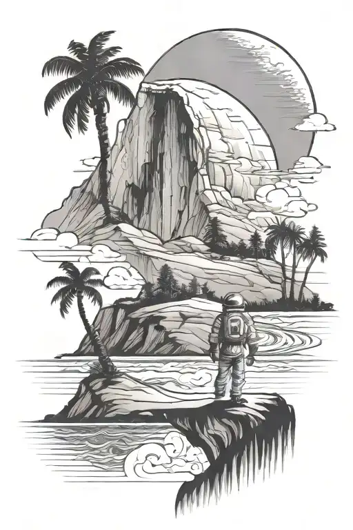 half-dome with an astronaut in space behind it and the beach with waves below it with palm trees lighthouse tattoo design idea