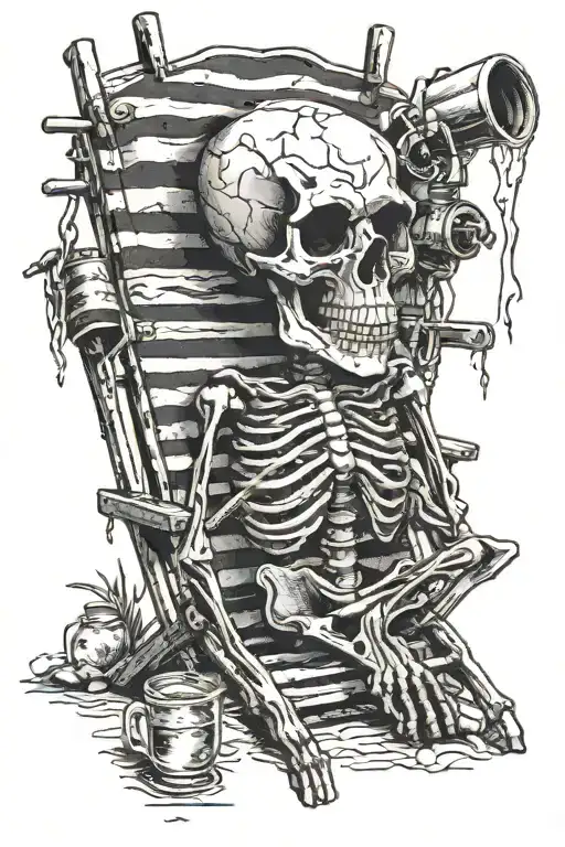 skeleton drinking a corona in a beach chair tattoo design idea