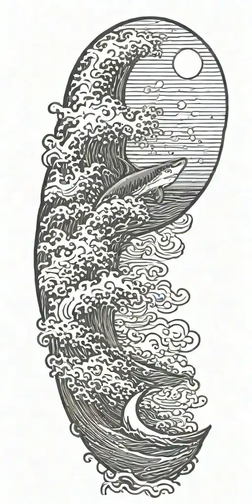 large waves crashing over clouds at night with a crescent moon and a great white shark in the waves tattoo design idea