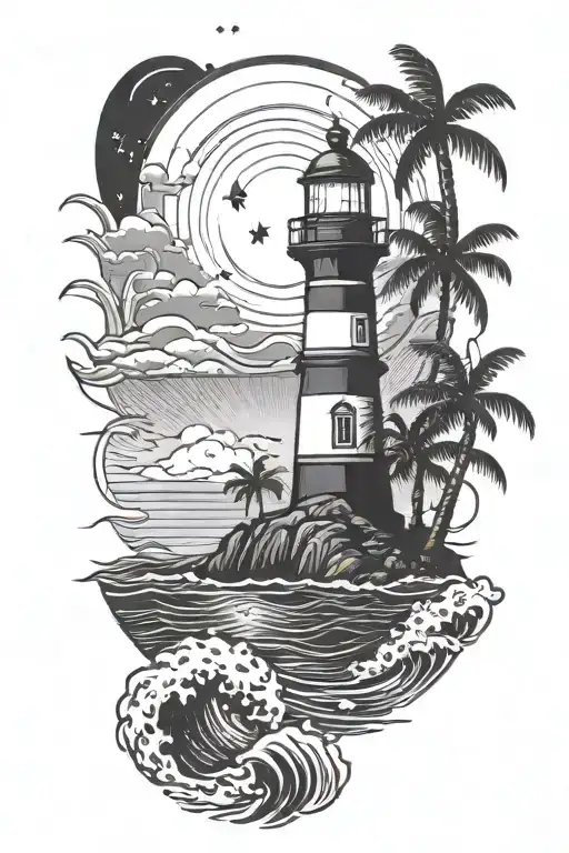 palm trees and waves with a lighthouse shining at night with a crescent moon and stars shining  tattoo design idea