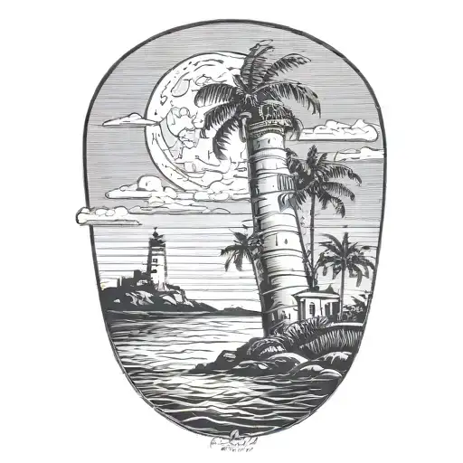 moon setting over the ocean black sky with palm trees dark in the foreground lighthouse in the background clouds in sky tattoo design idea