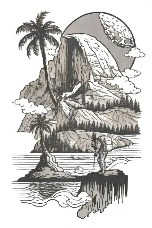 half-dome with an astronaut in space behind it and the beach with waves below it with palm trees tattoo design idea