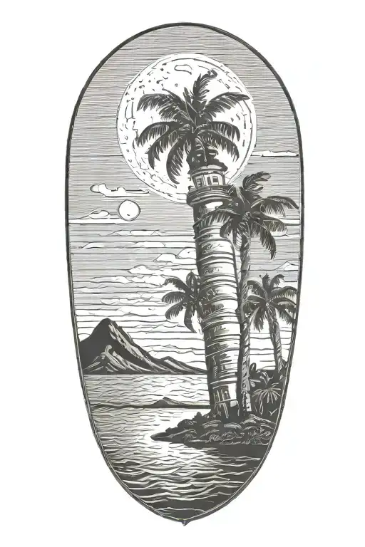 moon setting over the ocean black sky with palm trees dark in the foreground lighthouse in the background clouds in sky tattoo design idea