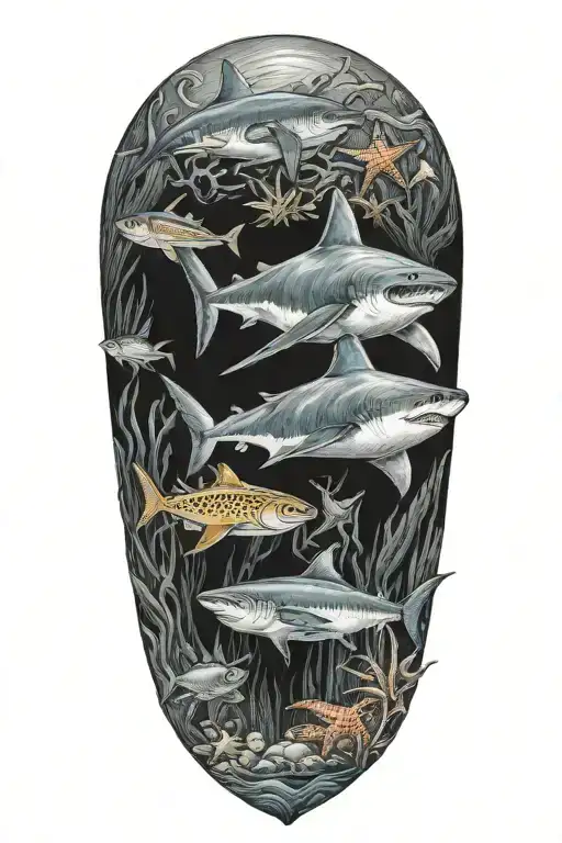 shark, starfish, crab and marlin under the sea tattoo design idea