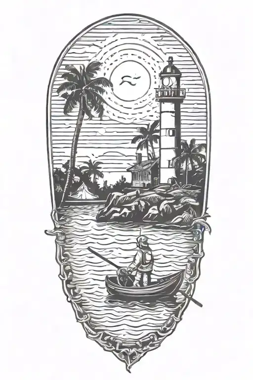 astronaut with a trident in a rowboat under a lighthouse at night with a crescent moon and palm trees tattoo design idea