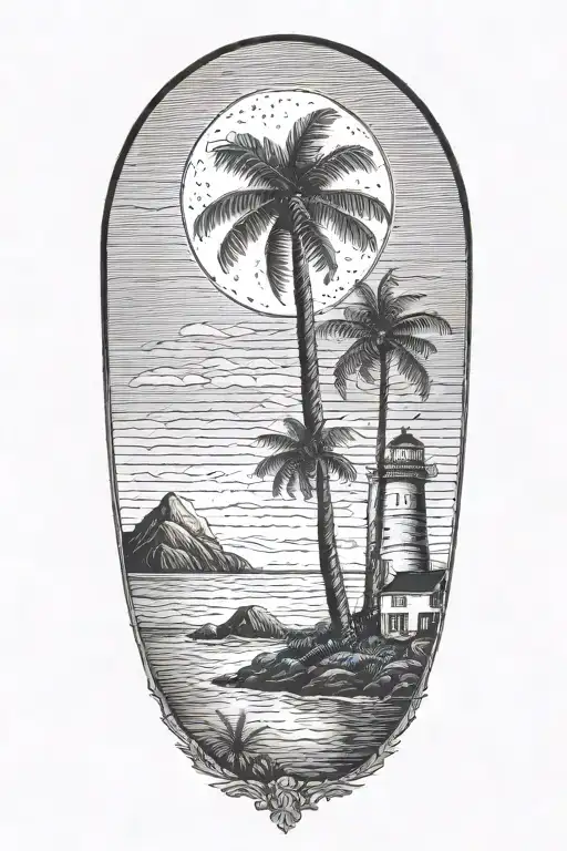 moon setting over the ocean black sky with palm trees dark in the foreground lighthouse in the background clouds in sky tattoo design idea
