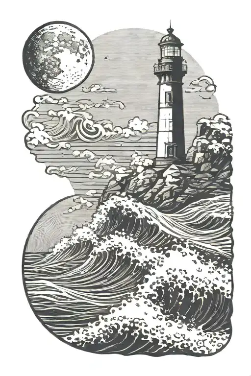 large waves crashing over lighthouse with half-dome in and a moon in the background tattoo design idea