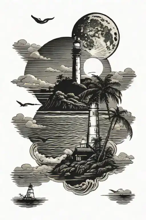 moon setting over the ocean black sky with palm trees dark in the foreground lighthouse in the background clouds in sky tattoo design idea