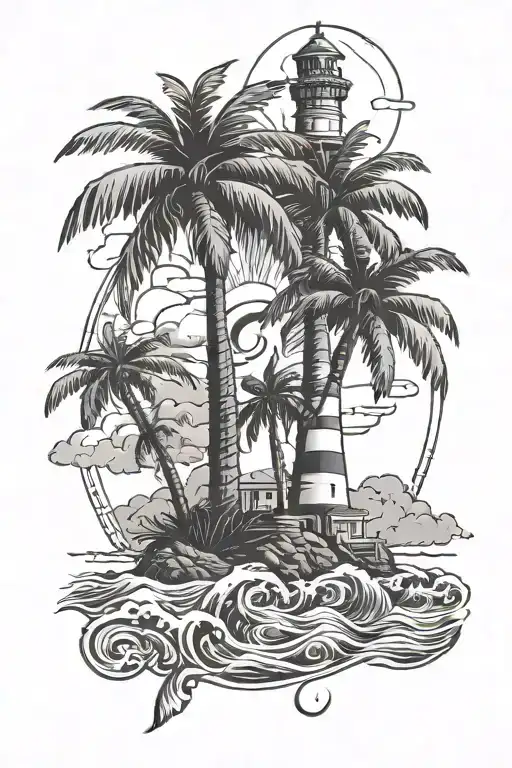 two palm trees with a letter c carved in one and a letter k carved in one in front of the ocean with a lighthouse tattoo design idea