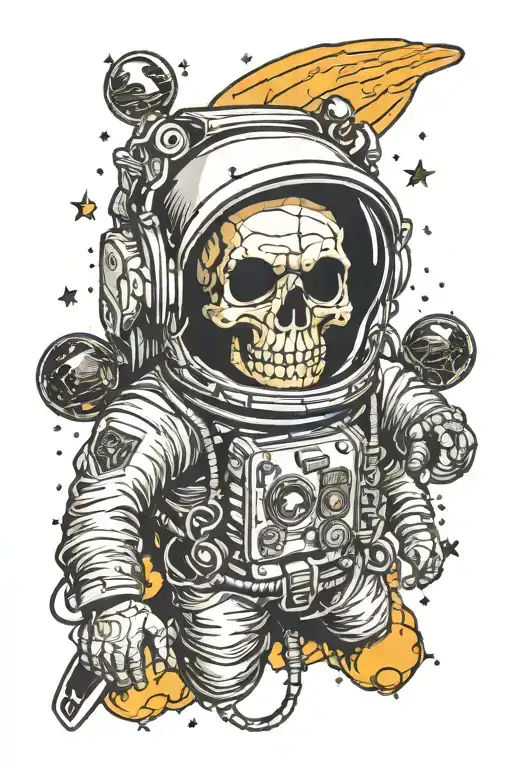 comic skull in an astronaut mask in space surrounded by stars and the moon  tattoo design idea