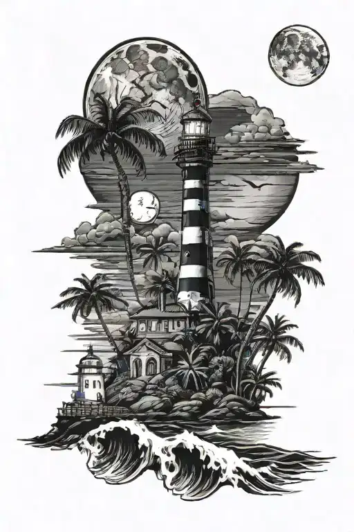 moon setting over the ocean black sky with palm trees dark in the foreground lighthouse in the background clouds in sky tattoo design idea