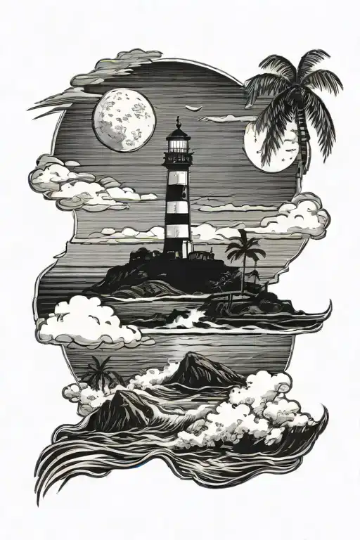 moon setting over the ocean black sky with palm trees dark in the foreground lighthouse in the background clouds in sky tattoo design idea