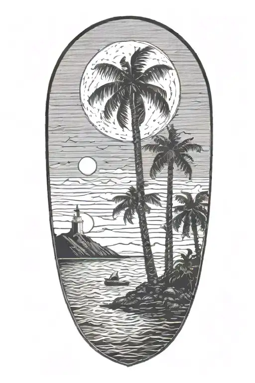 moon setting over the ocean in a dark sky with palm trees dark in the foreground with a lighthouse in the background tattoo design idea